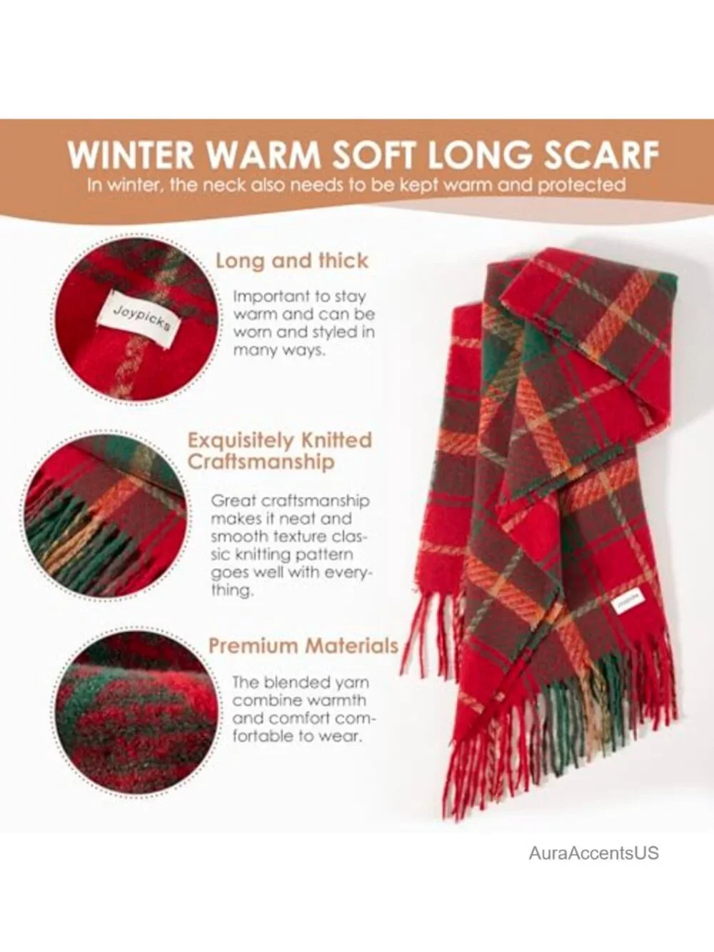 Women's Winter Chunky Knit Scarf, Long Soft Scarf for Cold Weather, Hand Wash